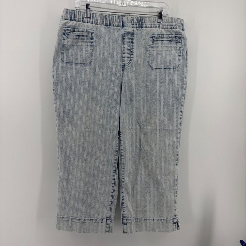 Westbound Womens‎ 16 Blue Pinstripe Acid Wash Capri Pants Elastic Waist Stretch